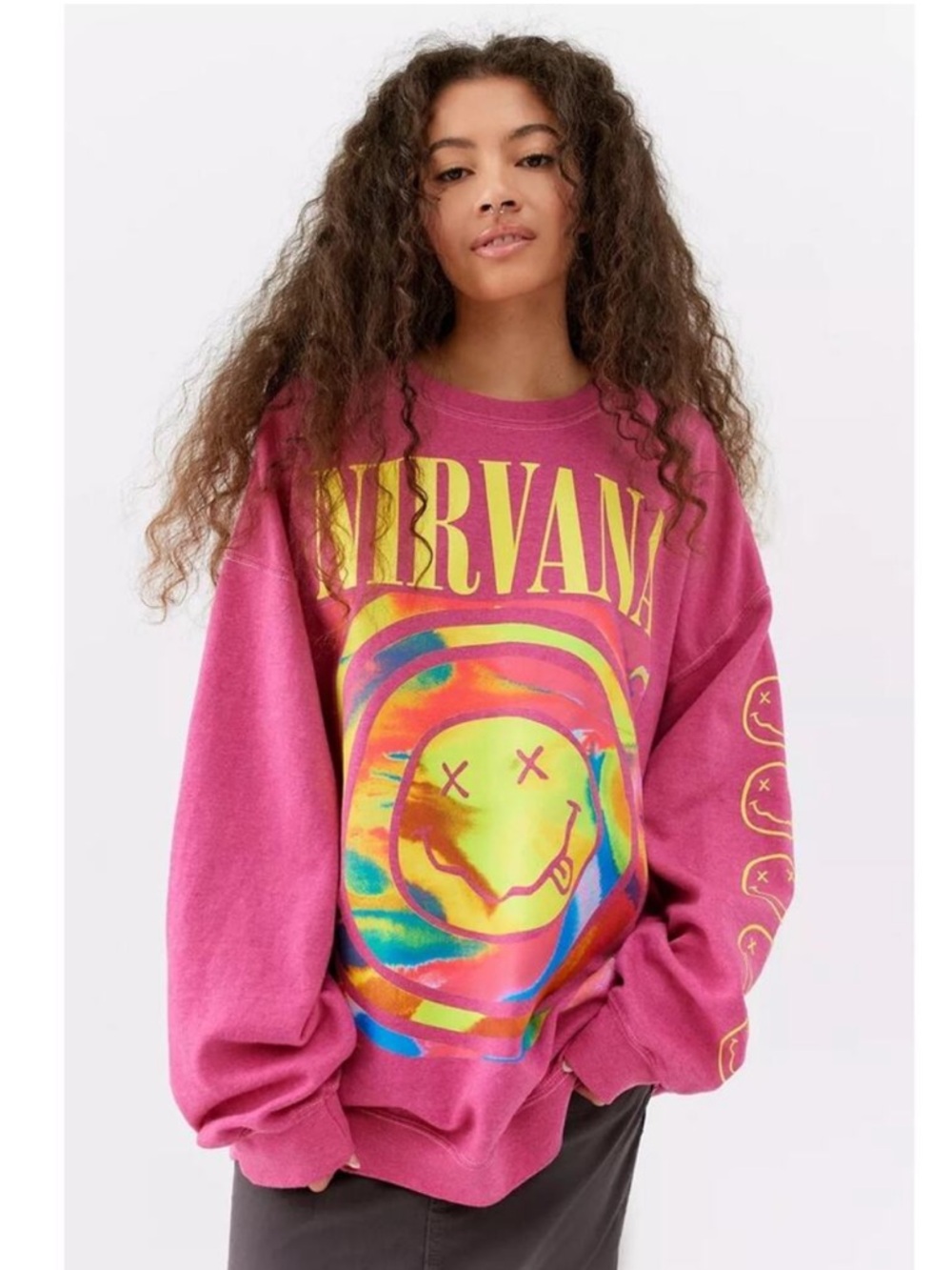 Urban Outfitters Nirvana Oversized Sweatshirt Spiral Smile Face Pink Crewneck
